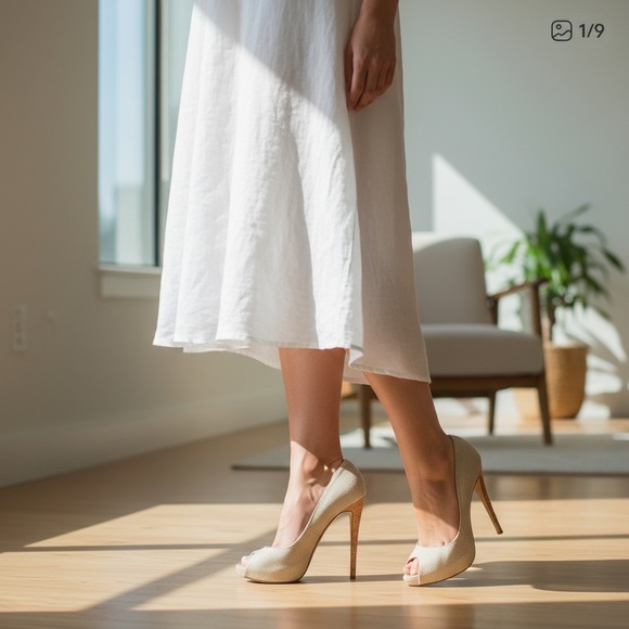 Alexandre Birman Cork Stiletto Heels Linen Peep Toe Pumps Beige High Heel 40.5 - Picture 5 of 11